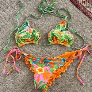 Luli Fama Orange Bikini with Gold Trim
